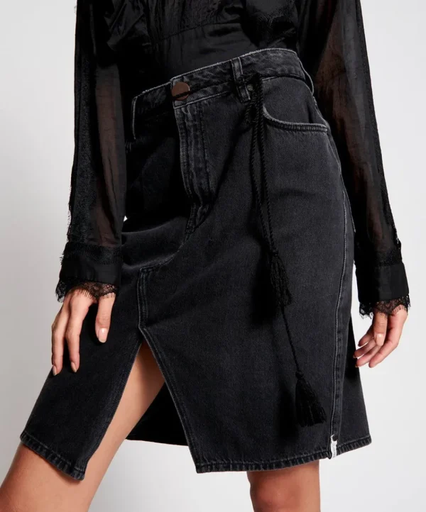 ONE TEASPOON Worn Black Trucker Mid Waist Long Length Skirt | Women Denim Skirts