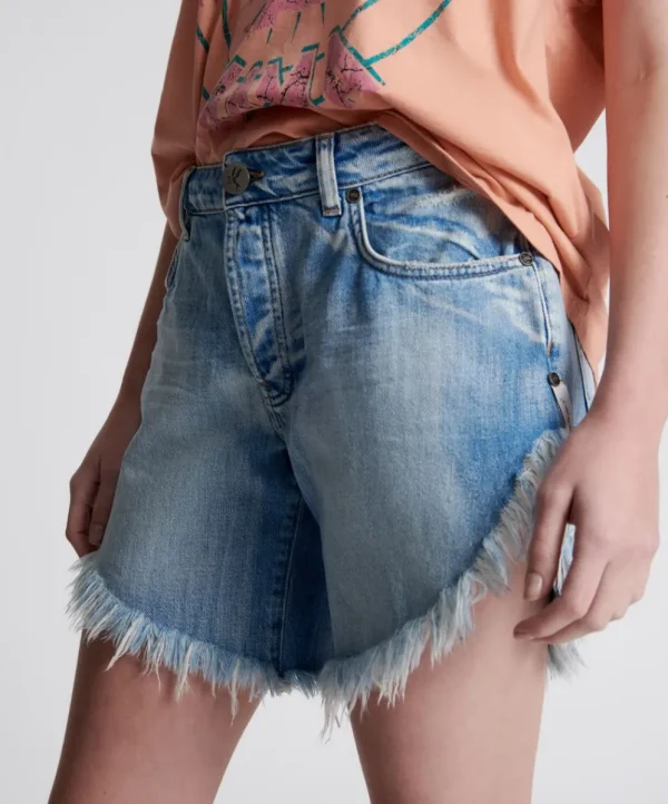 ONE TEASPOON Worn Out Hendrixe Frankies Long Length Denim Shorts | Women Denim Shorts